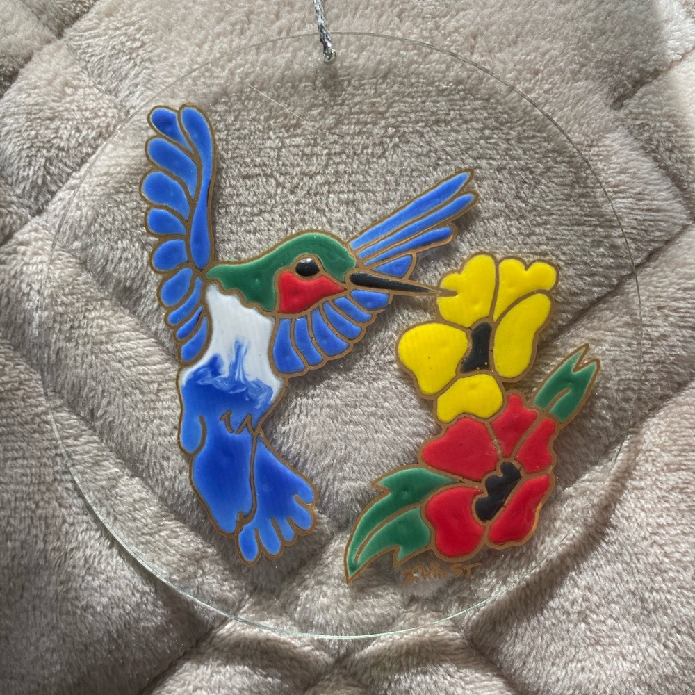 Hummingbird and Flower Suncatcher stained glass hanging with 22k and signed ST